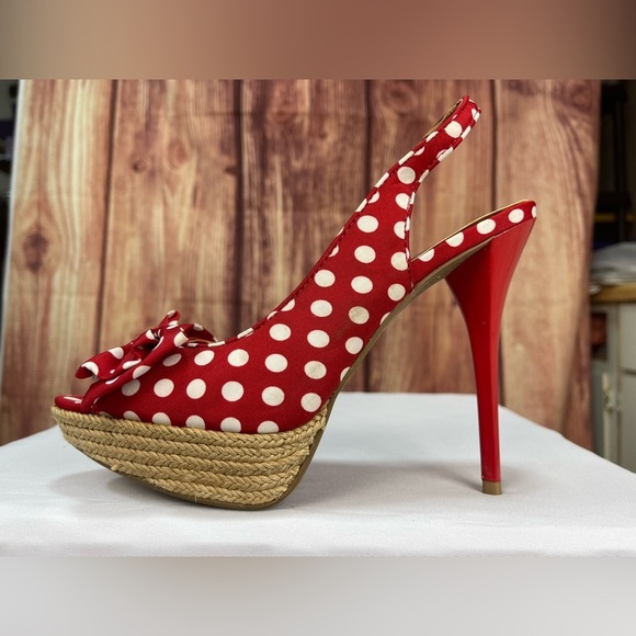 Red and white polka dot Bettie boop rockabilly platform high heeled shoes size 9 - Picture 5 of 17